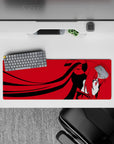 32x12 inches crimson and black anime desk mouse pad with bold minimal palette and dramatic calm mood.