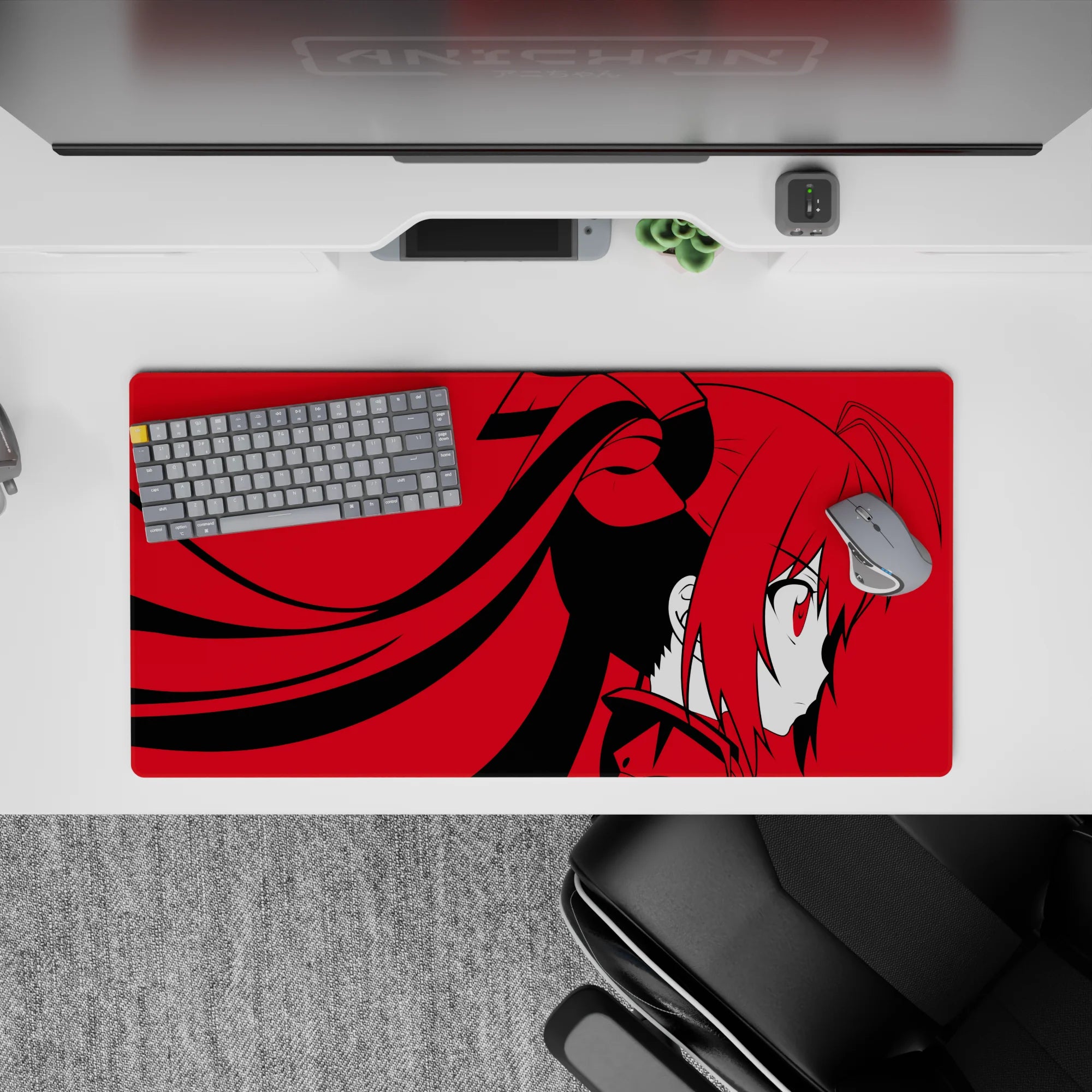 Red-and-black anime desk mat 32x16 inches, dramatic minimal palette and calm, daring vibe.