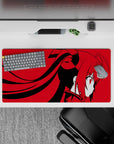 Red-and-black anime desk mat 32x16 inches, dramatic minimal palette and calm, daring vibe.