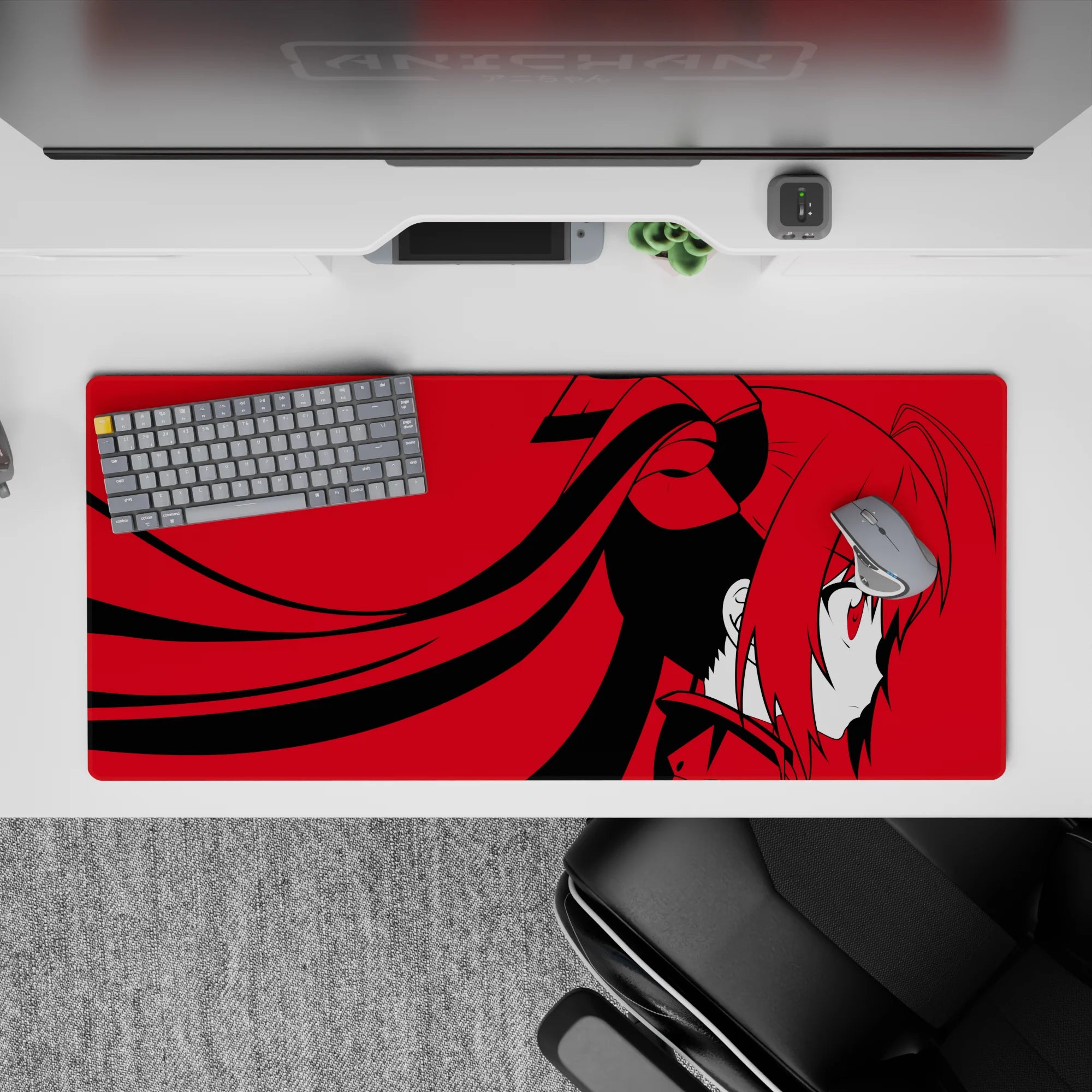 Crimson and black 36x16 inches anime desk pad, dramatic minimal palette with calm, daring vibe.