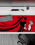 Crimson and black 36x16 inches anime desk pad, dramatic minimal palette with calm, daring vibe.
