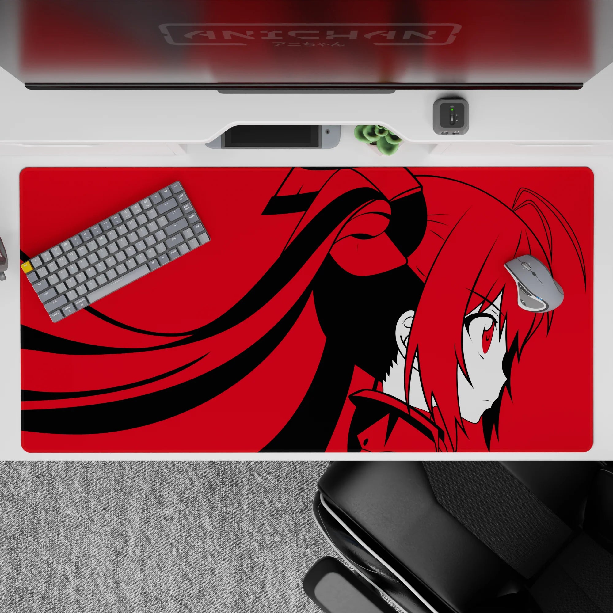 Red and black 40x20 inches anime desk pad, dramatic minimal palette and calm, daring vibe on your desk.