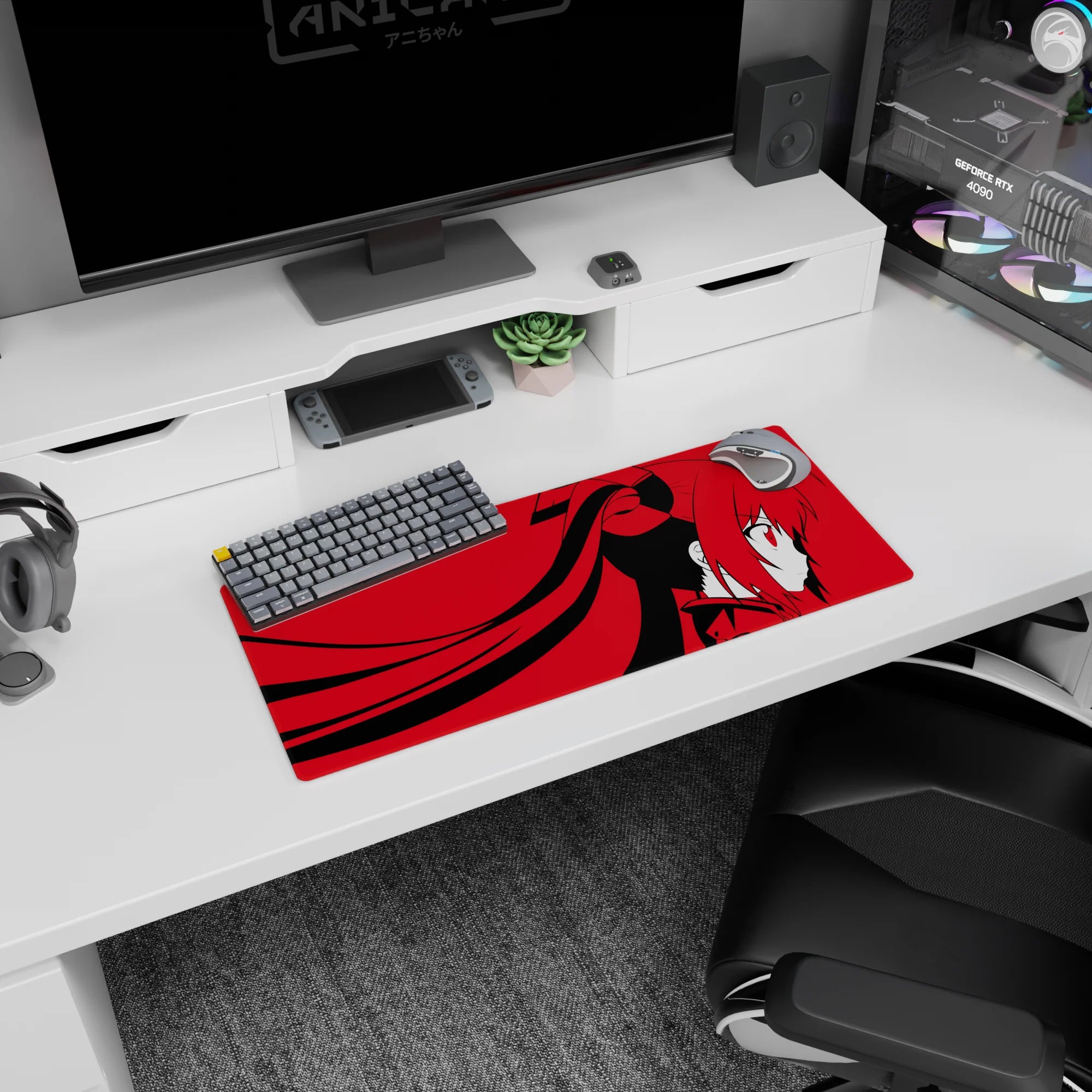 Side-profile anime girl with long twin tails and bows, red eyes, on a 28x12 inches desk mouse pad.