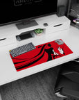 Side-profile anime girl with long twin tails and bows, red eyes, on a 28x12 inches desk mouse pad.