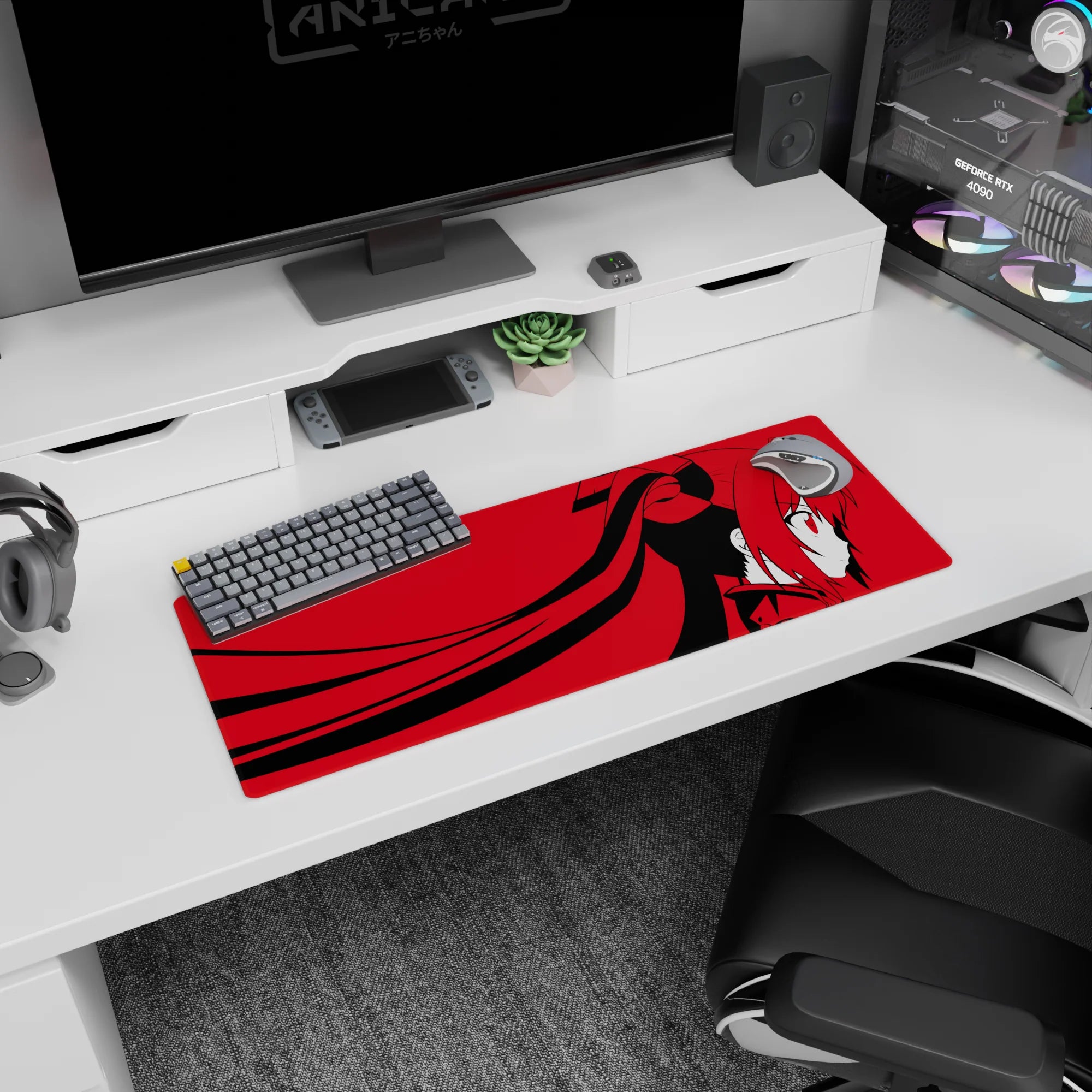 32x12 inches anime girl mouse pad showing red-eyed girl in profile, twin tails streaming like ribbons.