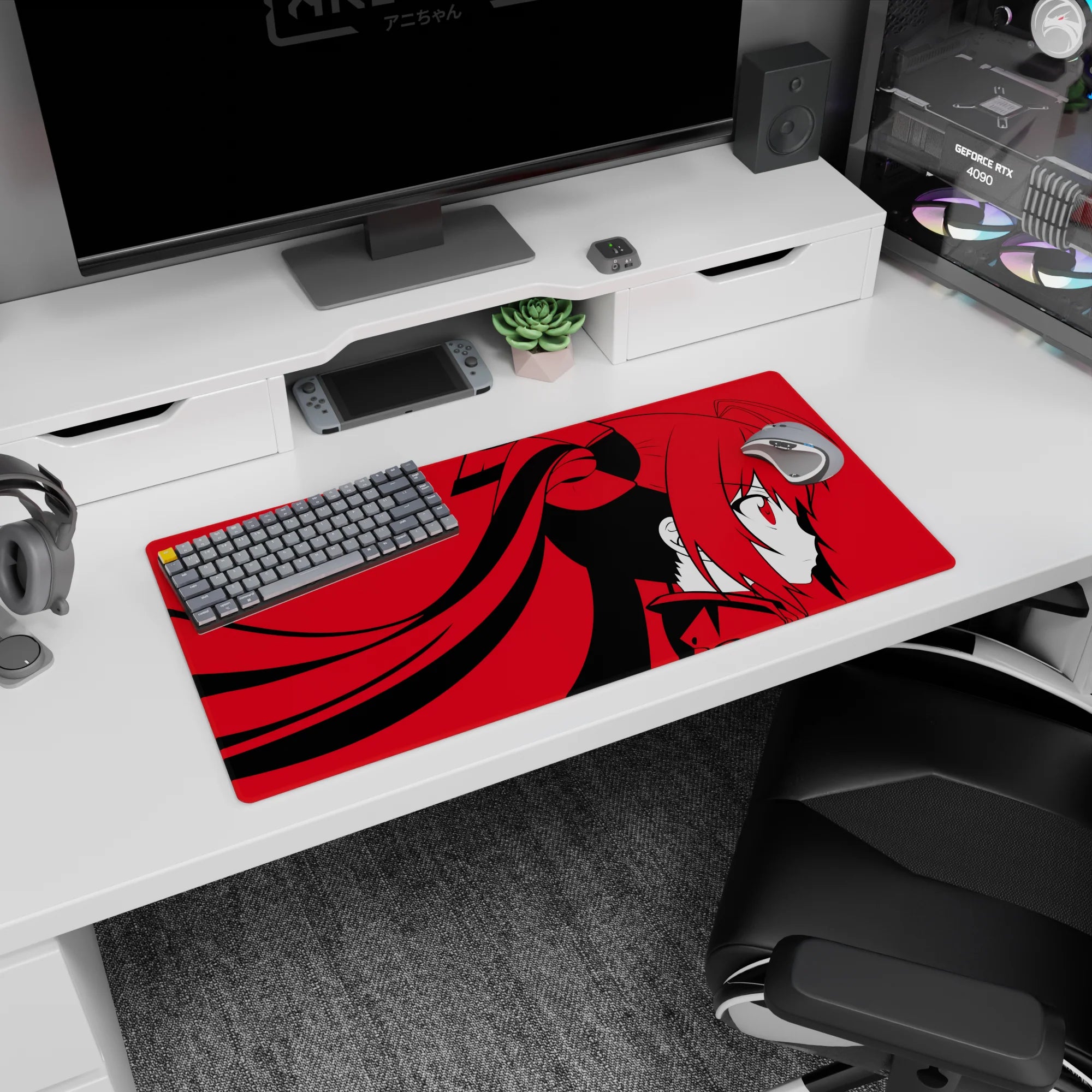 Side-profile anime girl with long twin tails and bows on mouse pad 32x16 inches, sharp red eyes.