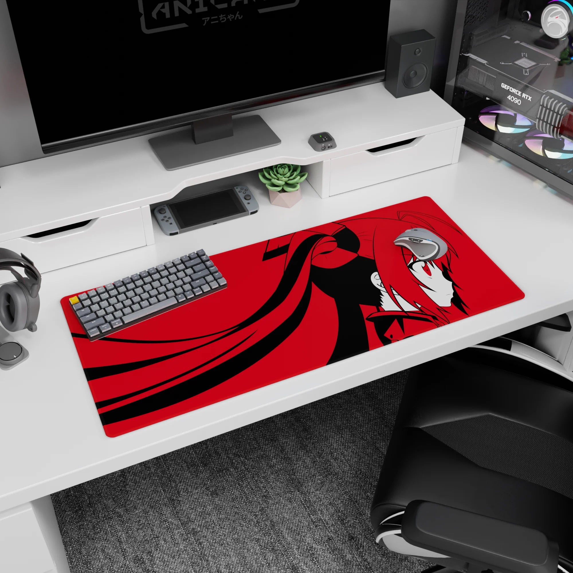 Side-profile anime girl 36x16 inches desk pad, sharp red eyes and long twin tails flowing like ribbons.