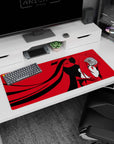 Side-profile anime girl 36x16 inches desk pad, sharp red eyes and long twin tails flowing like ribbons.
