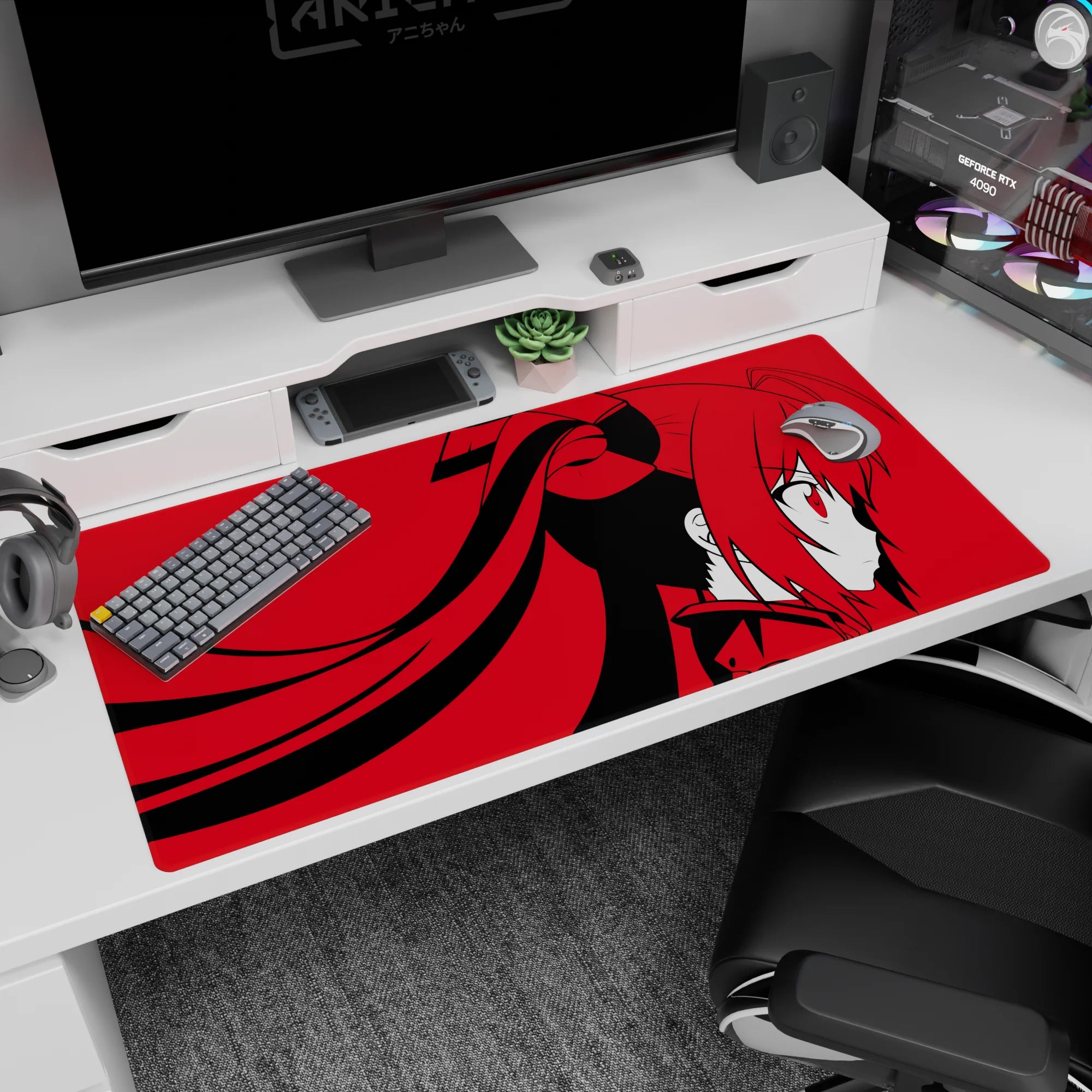Side-profile anime girl 40x20 inches desk pad with long twin tails, chunky bows, and sharp red eyes.