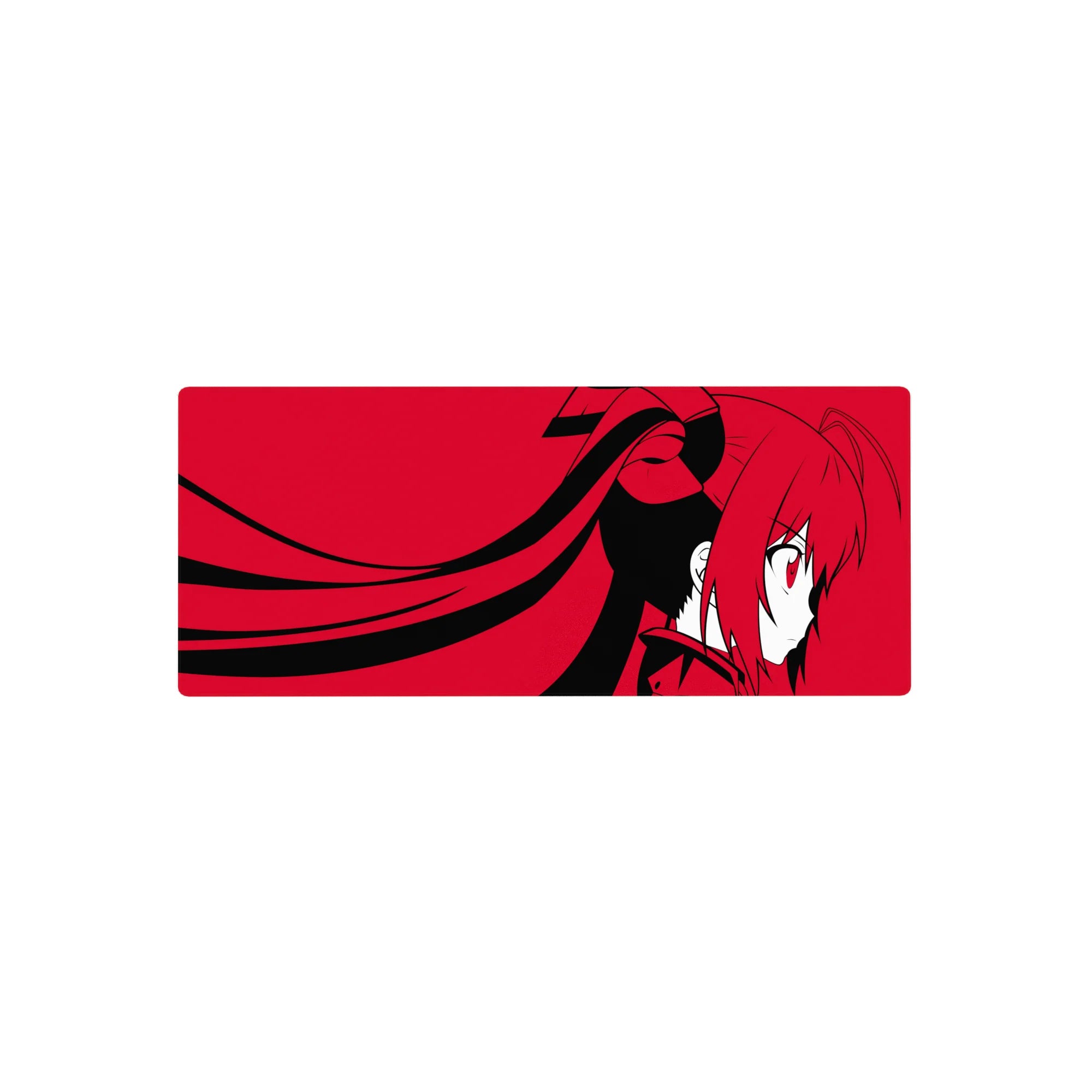 Anime girl mouse pad 28x12 inches with bold crimson backdrop, black graphic shapes, twin-tail profile art.