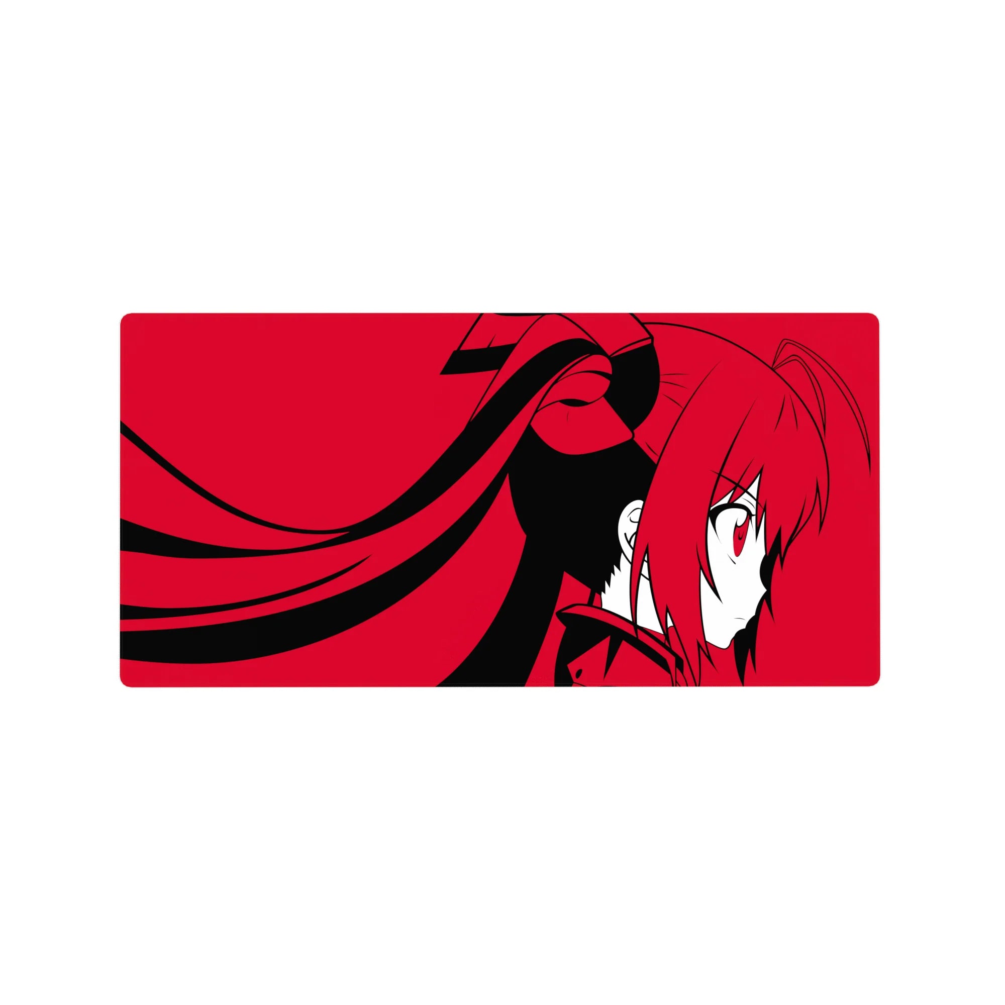 Anime girl mouse pad 32x16 inches with bold crimson background and clean black graphic shapes.