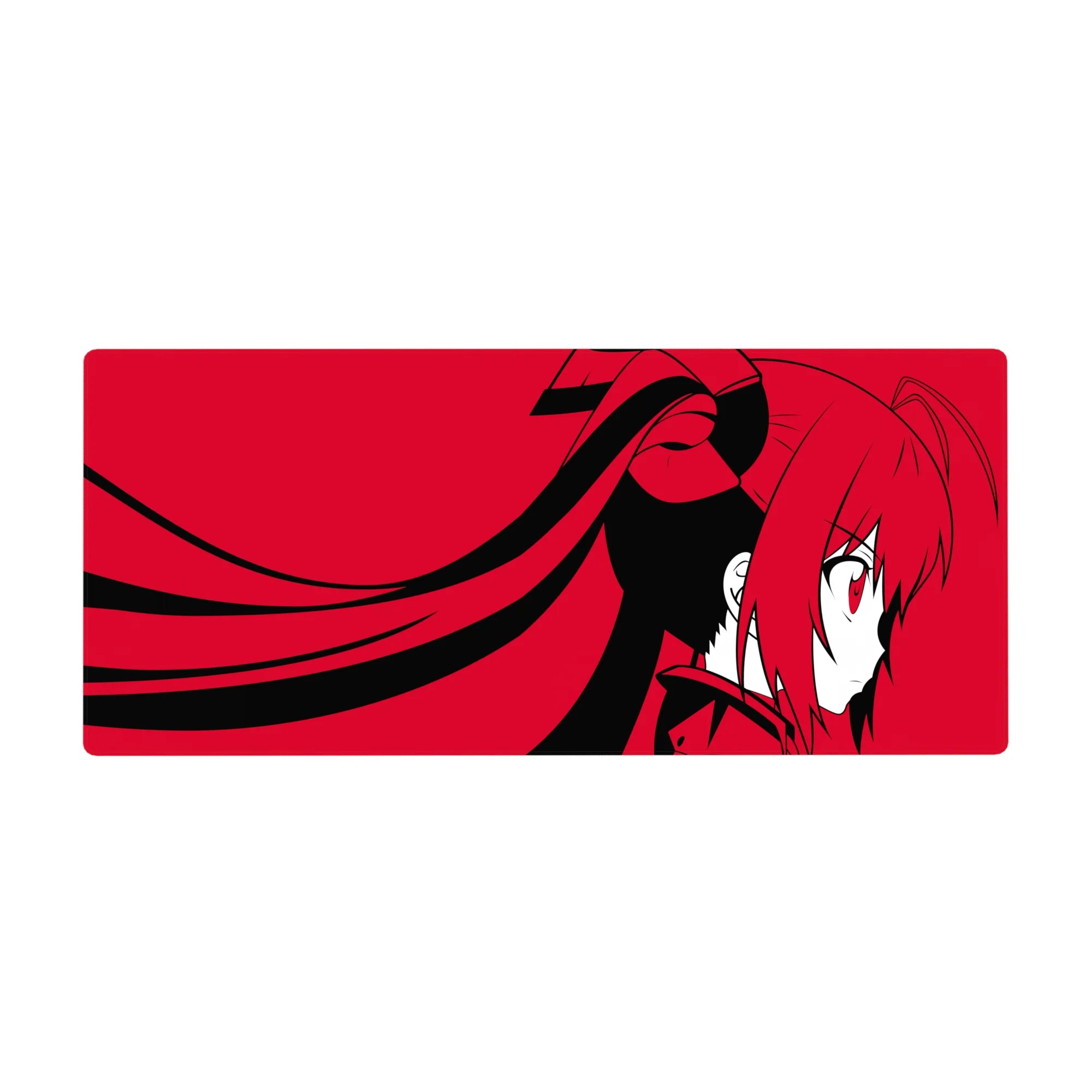 Anime girl desk pad 36x16 inches with twin tails, bows, and bold black graphic shapes on red.