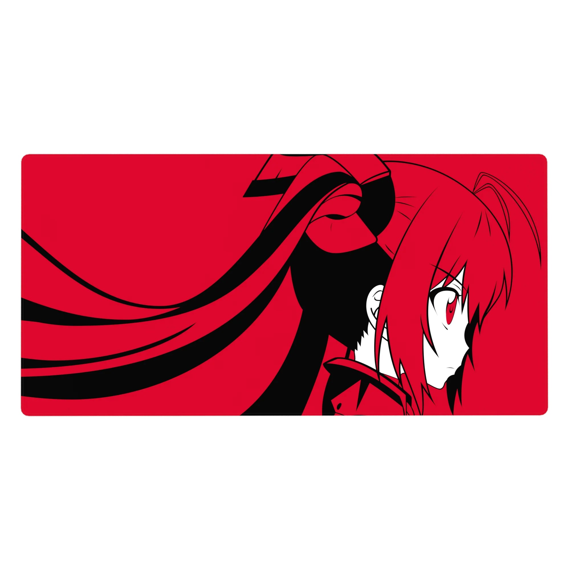 Anime girl desk pad 40x20 inches with bold crimson art, clean black shapes, and twin-tail profile pose.