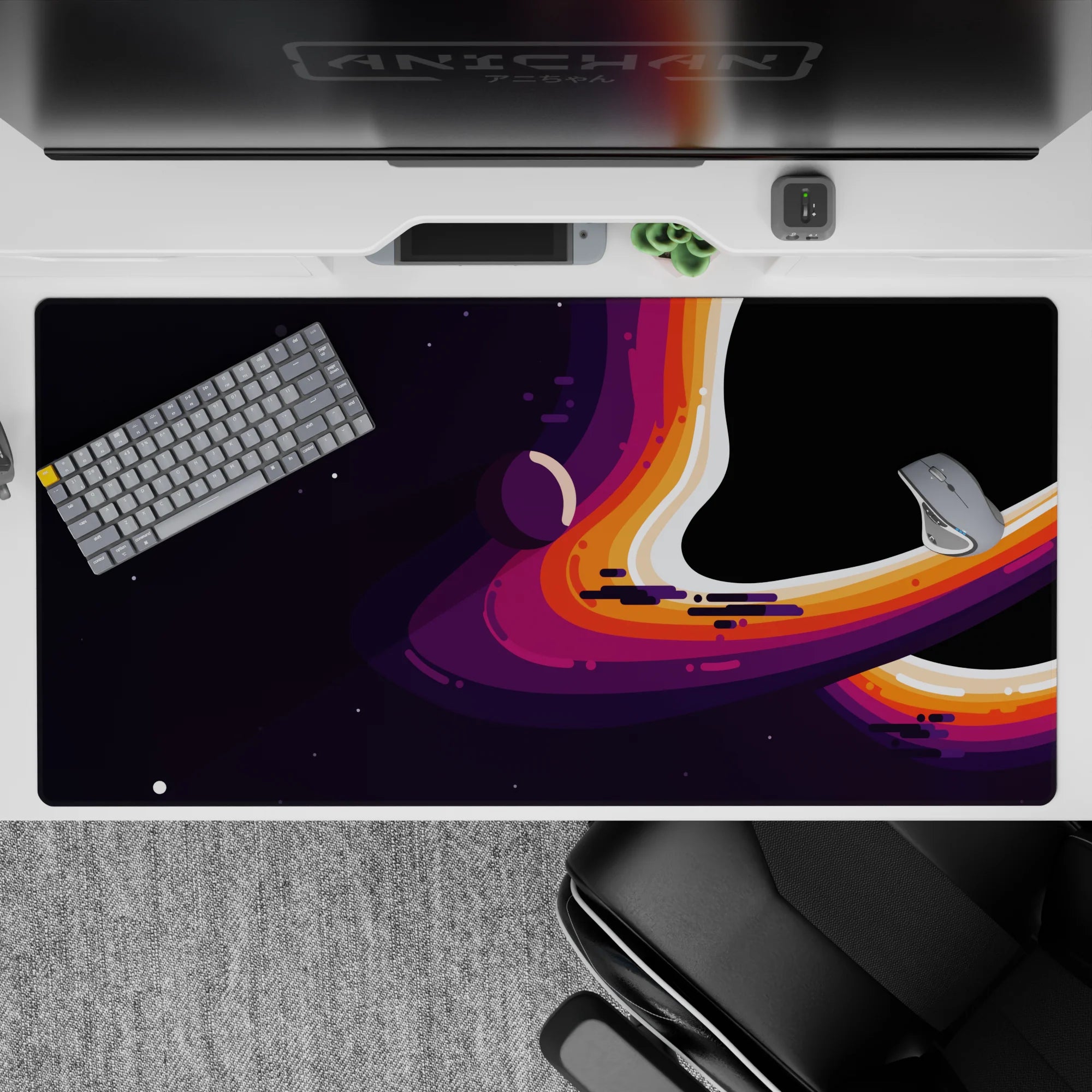 Moody deep space purple desk pad 40x20 inches with midnight tones, neon orange and magenta paint ribbons.