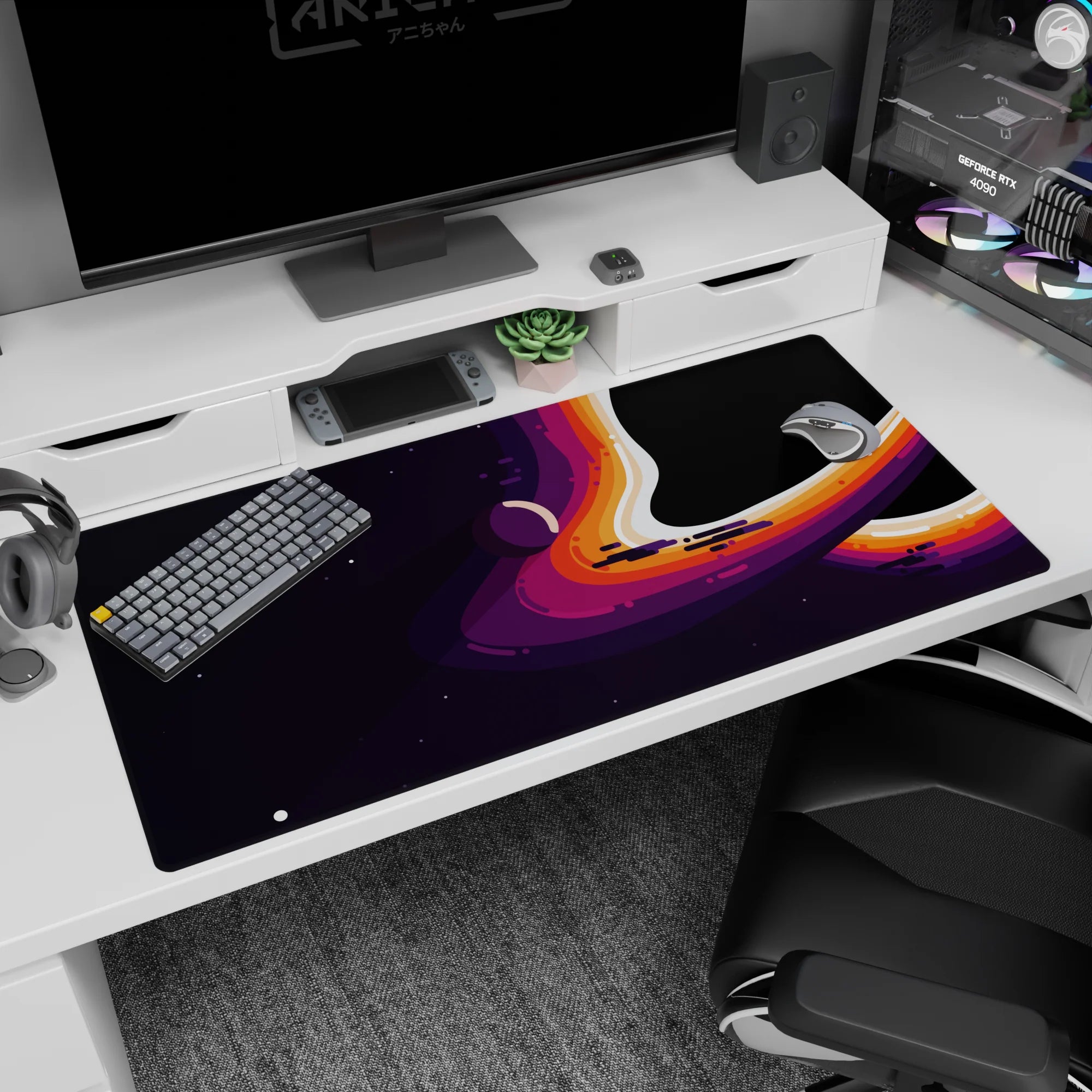 Star-sprinkled galaxy desk pad 40x20 inches featuring a bold black swirl orbit edged in creamy white.