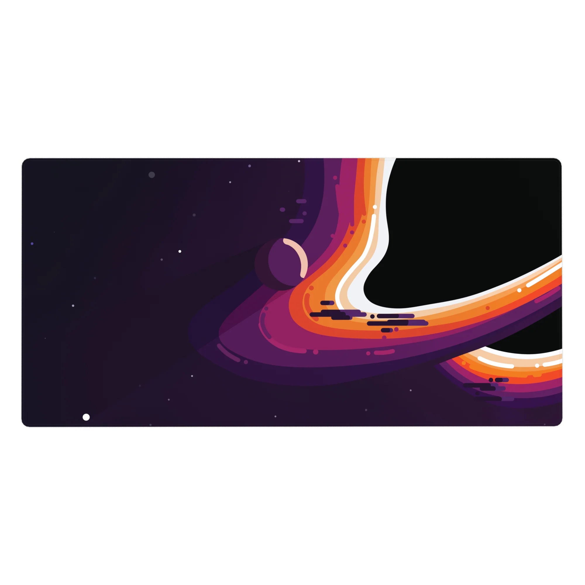 Cosmic abstract desk pad 40x20 inches with starry purple gradient and swooping black void accents.