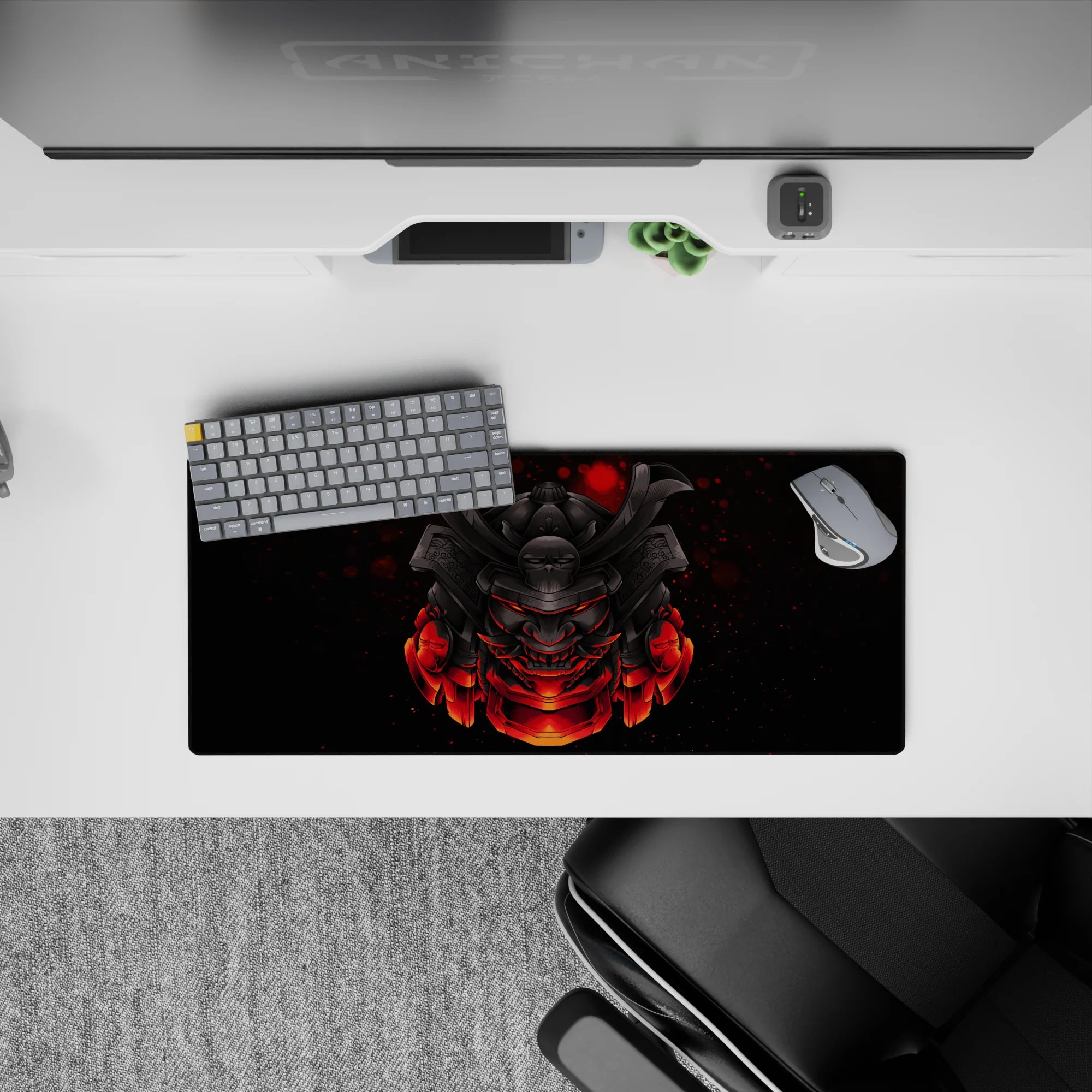 Anime mouse pad 28x12 inches featuring a samurai mask with glowing red accents, ideal for fans of Japanese armor themes.