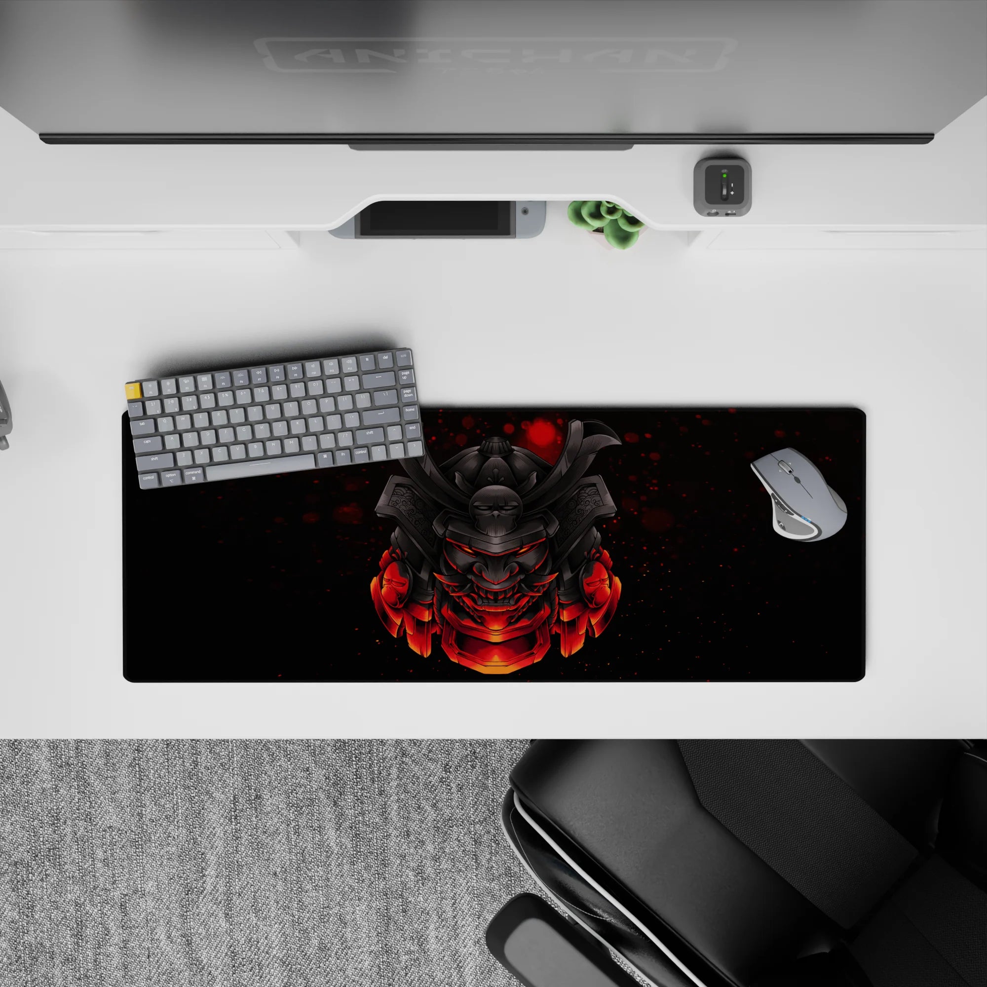 Anime mouse pad 32x12 inches featuring a samurai mask with glowing red accents, perfect for fans of Japanese armor.