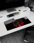 Samurai mask anime mouse pad, size 28x12 inches, featuring deep blacks and razor-sharp red glows for bold design lovers.