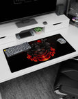 Anime mouse pad 32x16 inches featuring a samurai mask with deep blacks and razor-sharp red glows, ideal for fans of Japanese armor.