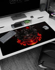 Samurai mask anime desk pad, 40x20 inches, with red glowing accents, perfect for fans of Japanese armor and dark legends.