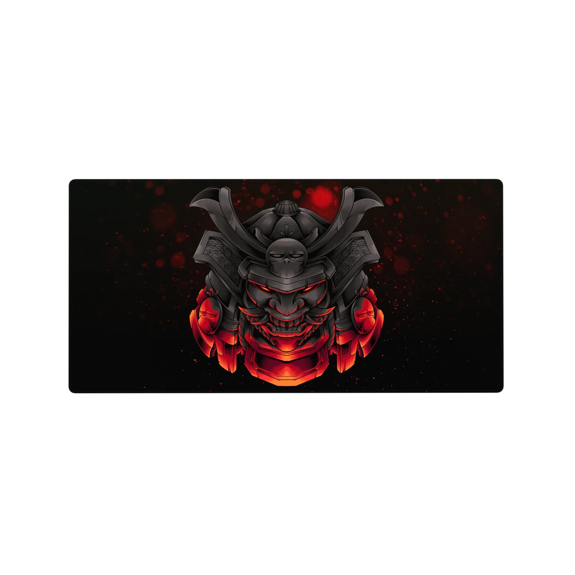 Anime mouse pad 32x16 inches featuring a samurai mask with deep blacks and razor-sharp red glows, ideal for fans of Japanese armor.