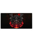 Anime mouse pad 32x16 inches featuring a samurai mask with deep blacks and razor-sharp red glows, ideal for fans of Japanese armor.