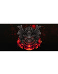 Anime mouse pad 36x16 inches featuring a samurai mask with deep blacks and red glows, perfect for fans of Japanese armor.