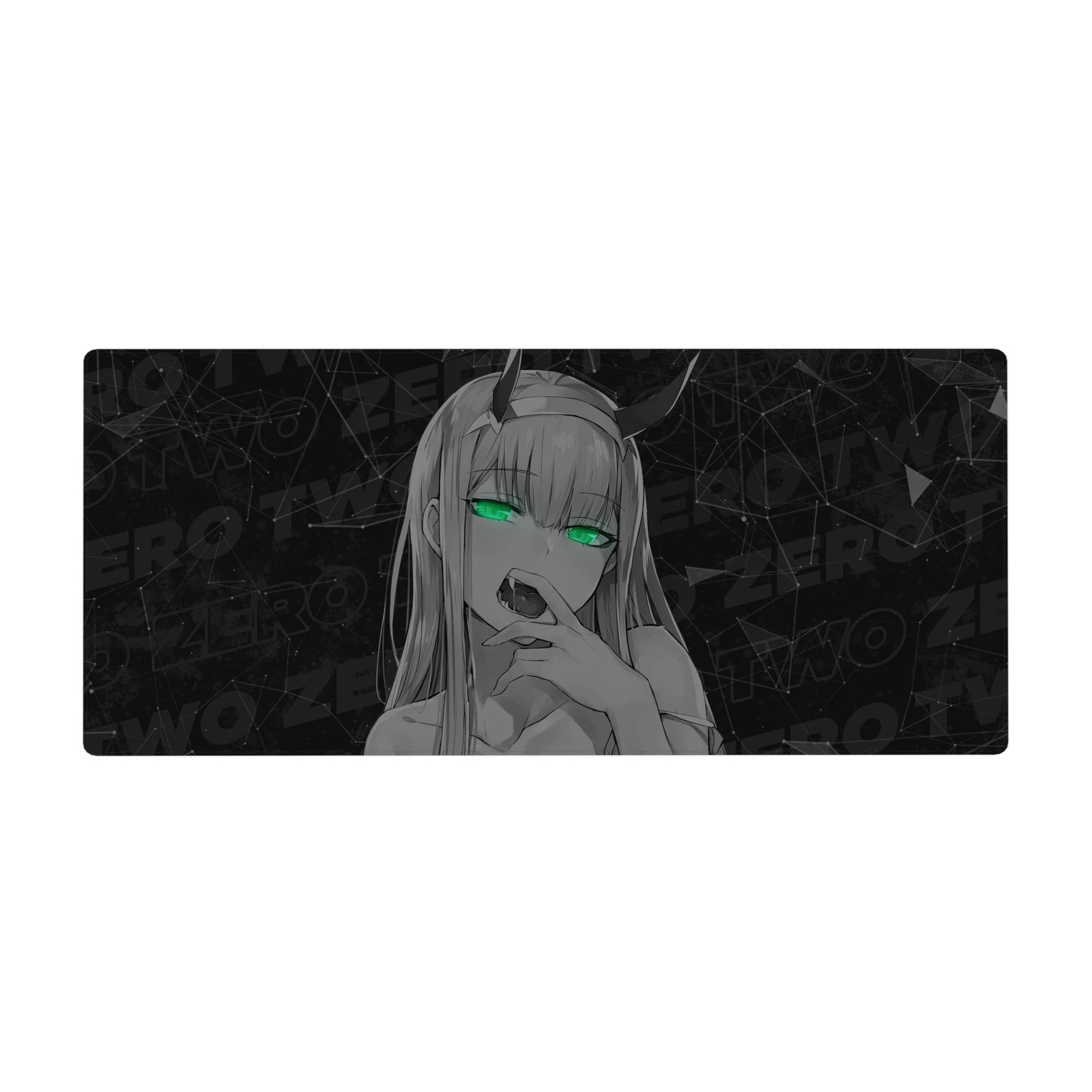 Zero Two desk mat 36x16 with glowing eyes and monochrome theme for immersive anime-inspired decor