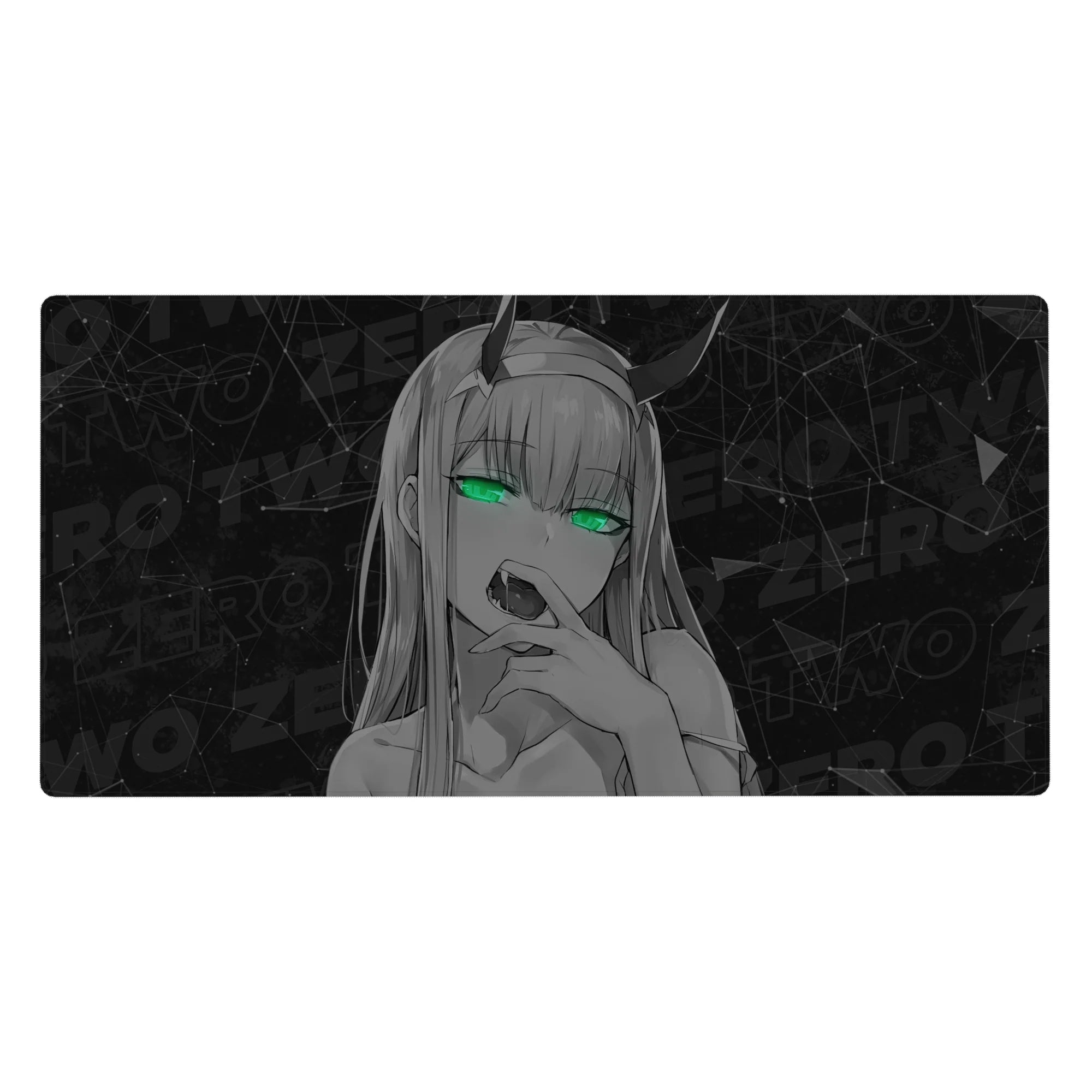 Zero Two desk mat 40x20 featuring neon green eyes and monochrome design for captivating Darling in the Franxx style