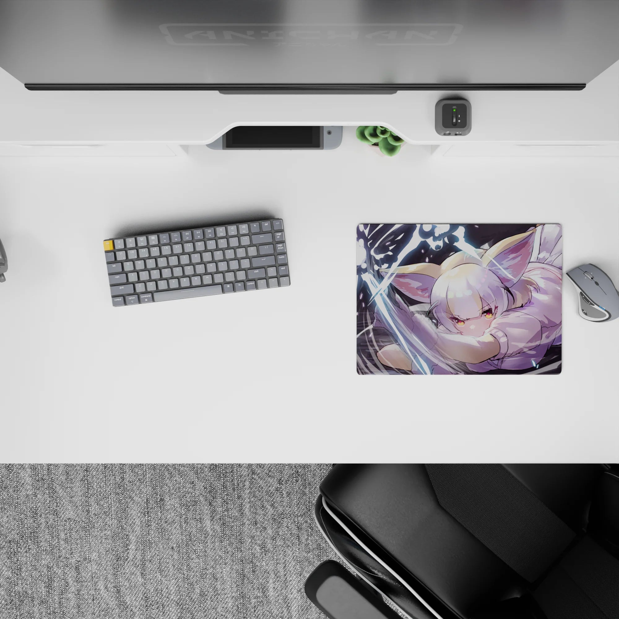 Pastel lilac and silver tones on dark backdrop, cute mischievous vibe anime mouse pad 14x10 inches.