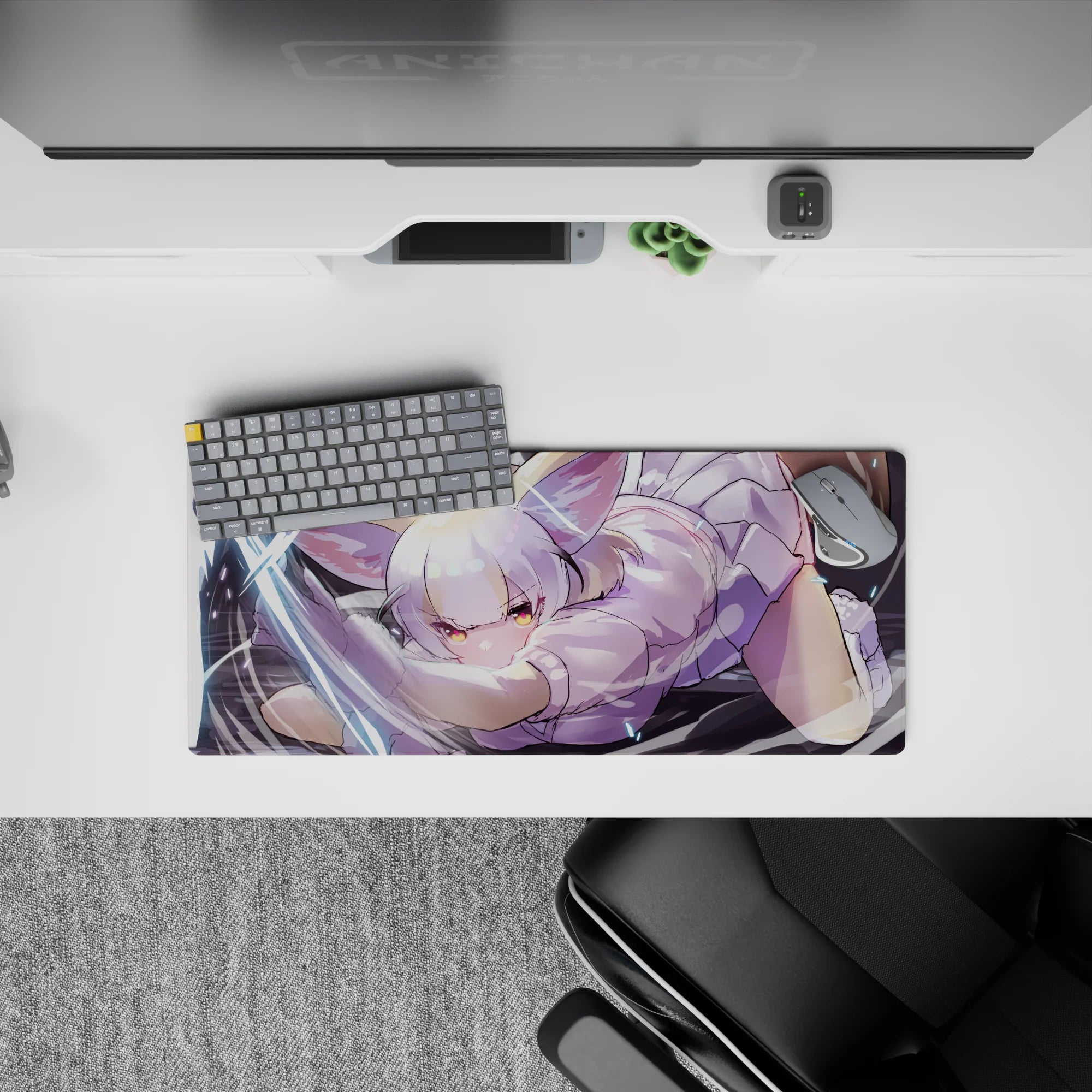 28x12 inches mouse pad in pastel lilac and dark tones, warm mischievous catgirl vibe with bright highlights.