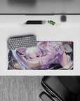 28x12 inches mouse pad in pastel lilac and dark tones, warm mischievous catgirl vibe with bright highlights.