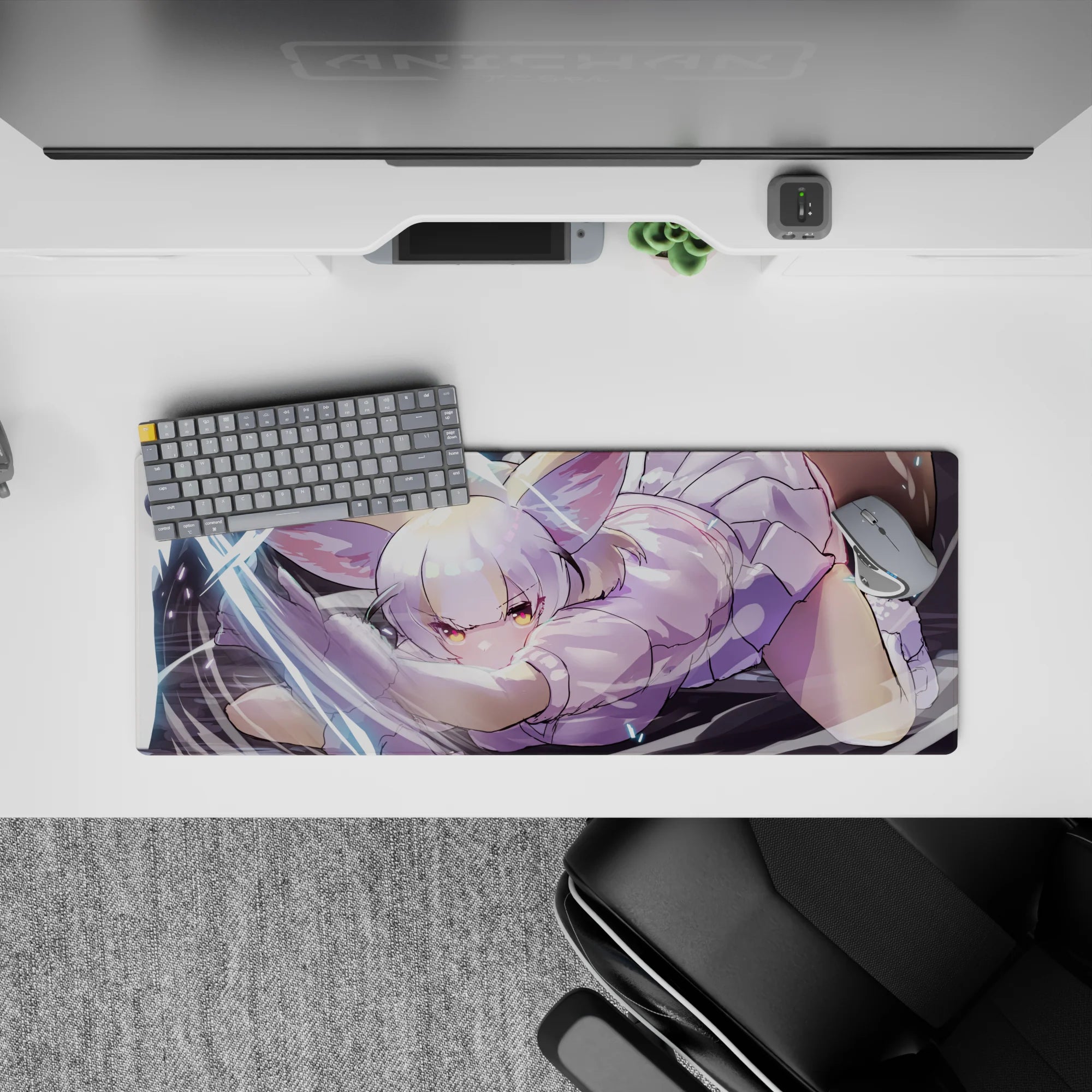 Pastel lilac and amber glow on dark background, cozy mischievous vibe anime mouse pad 32x12 inches.