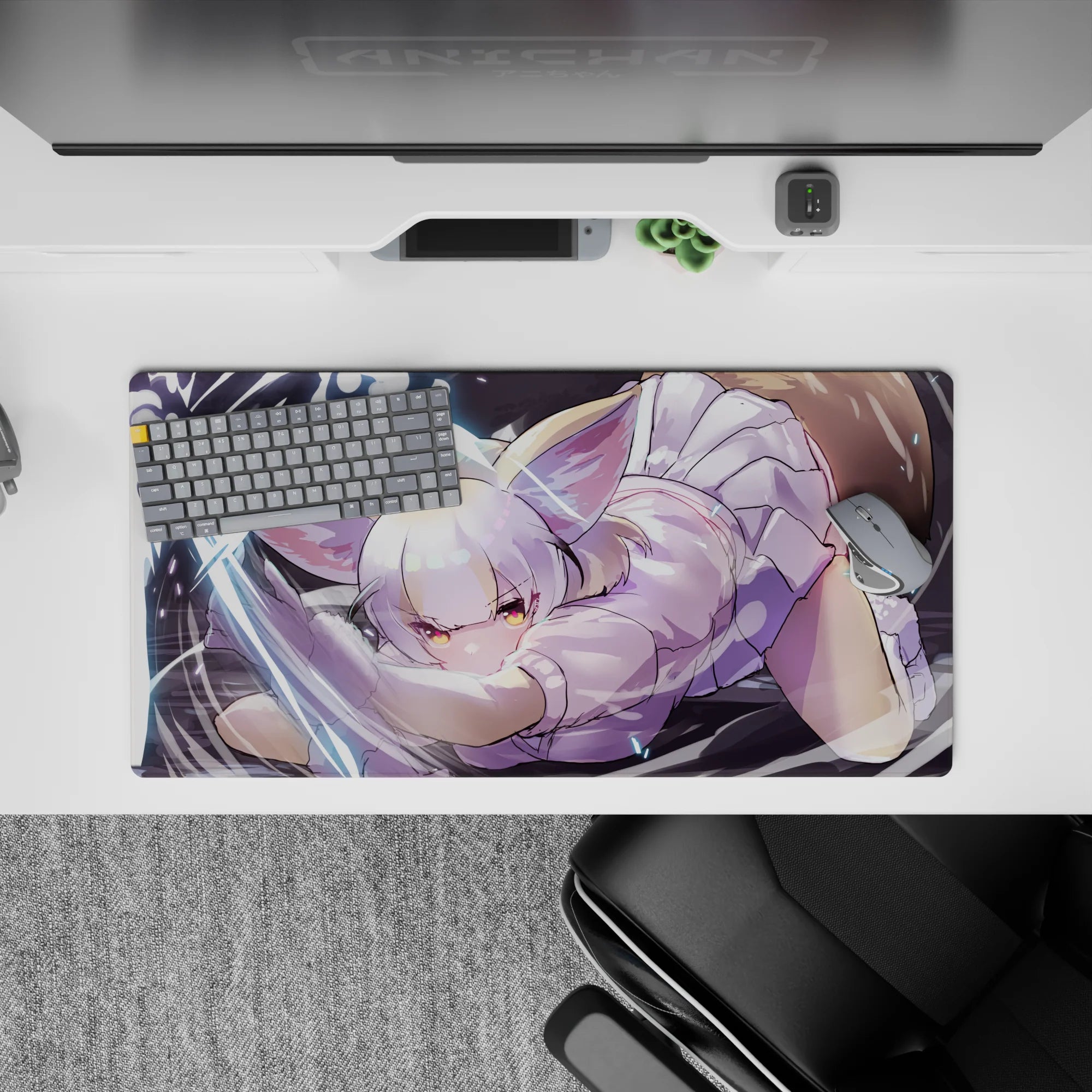 32x16 inches lilac and pastel catgirl desk mat with warm mischievous vibe, amber glow eyes on dark backdrop.
