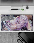 32x16 inches lilac and pastel catgirl desk mat with warm mischievous vibe, amber glow eyes on dark backdrop.