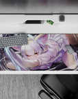 Pastel lilac and amber glow on a dark background anime desk pad 36x16 inches, cute mischievous vibe.