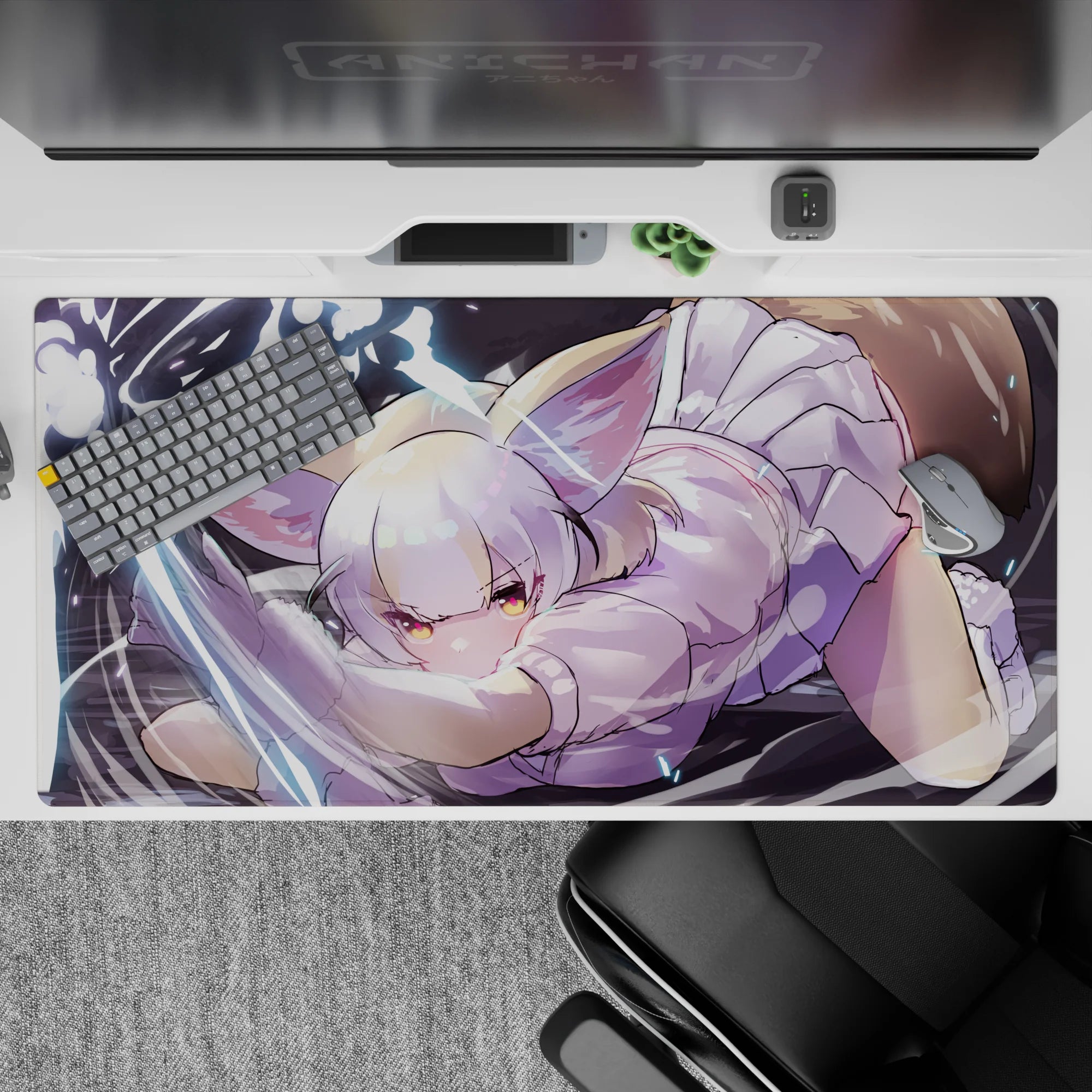 Dark backdrop 40x20 inches desk pad in lilac pastels, warm mischievous vibe, amber glow accents.
