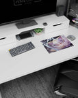 Silver-haired catgirl with glowing amber eyes reaches out, swirly white slashes, mouse pad 14x10 inches.