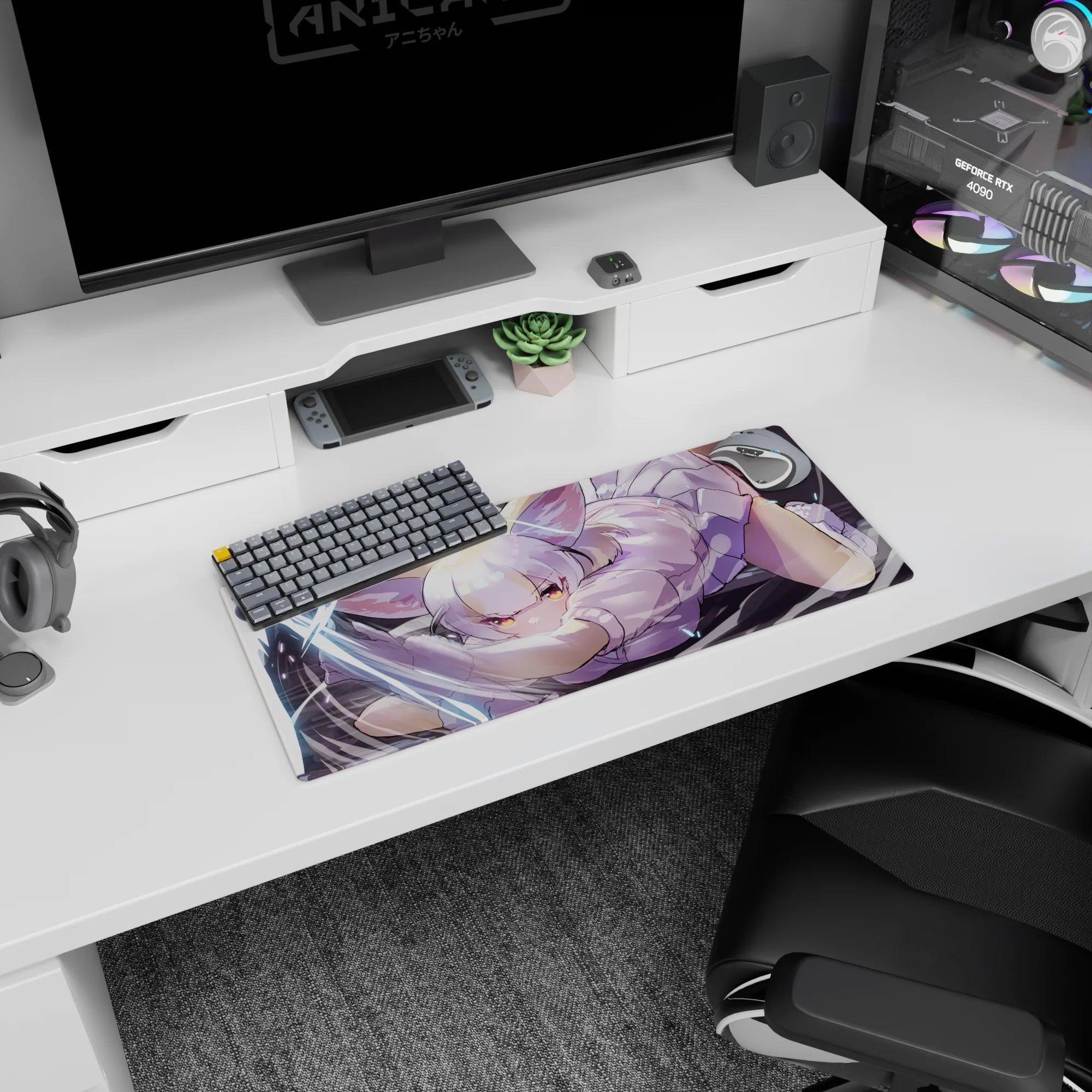 28x12 inches extended mouse pad showing a silver-haired catgirl pouncing, paws out, swirly white slashes.