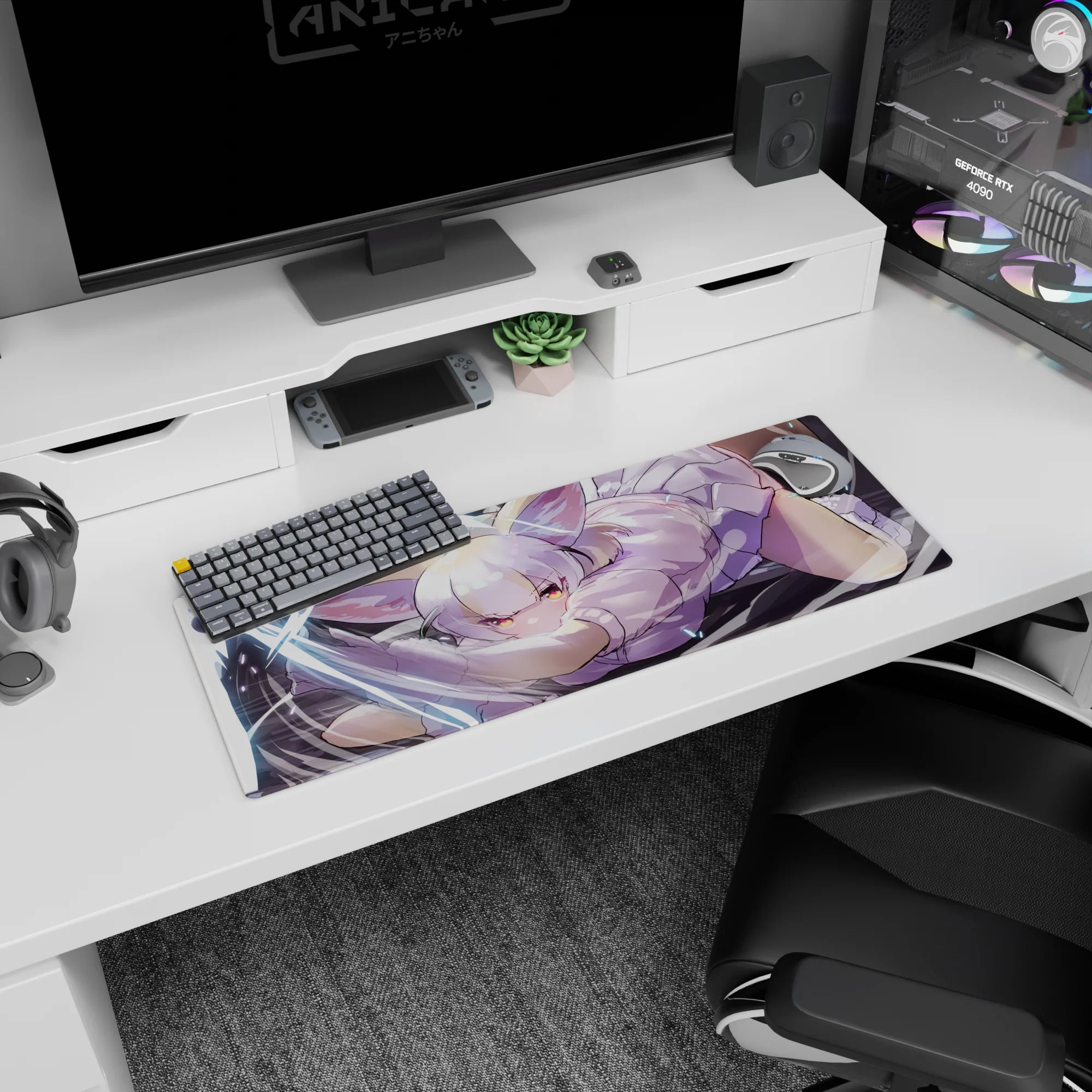 Silver-haired catgirl pouncing with paws out and amber eyes, swirly white slashes, 32x12 inches mouse pad.
