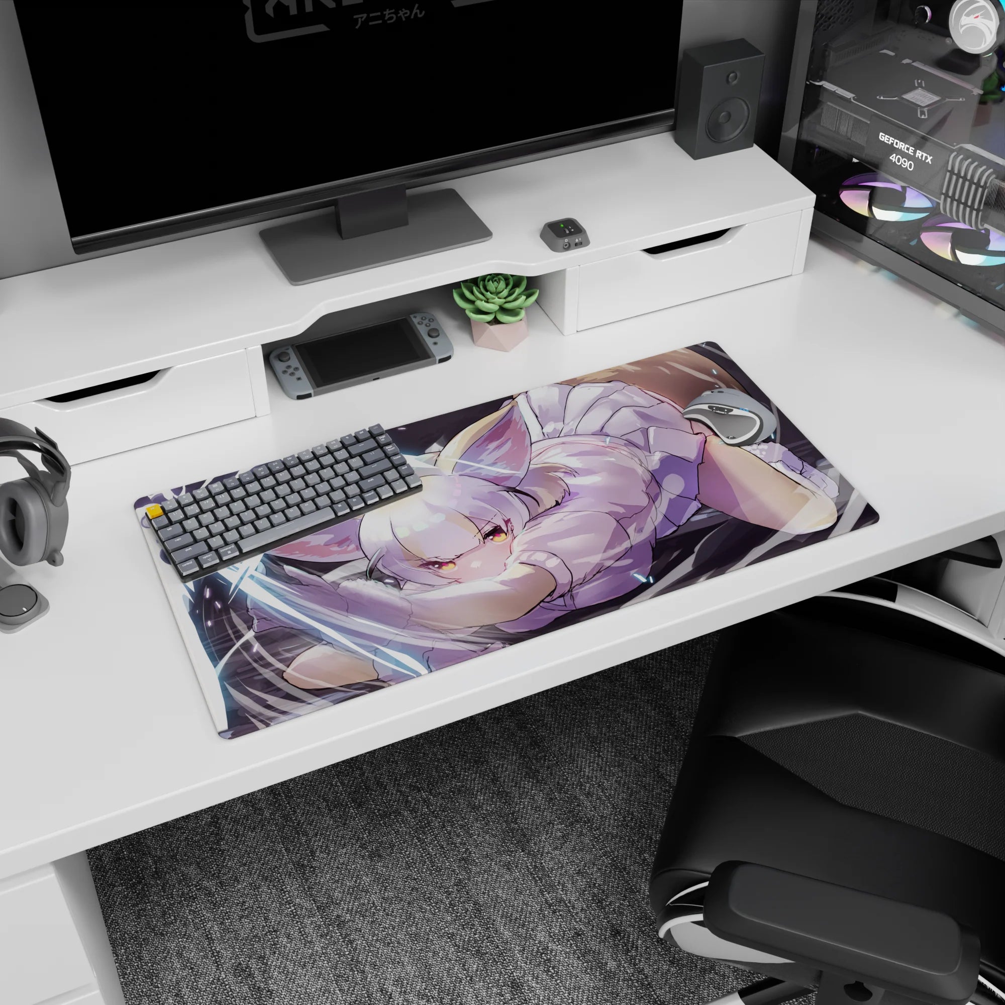 32x16 inches mouse pad showing a silver-haired catgirl, fluffy ears and paws out, glowing amber eyes.