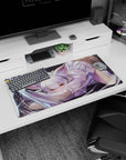 32x16 inches mouse pad showing a silver-haired catgirl, fluffy ears and paws out, glowing amber eyes.