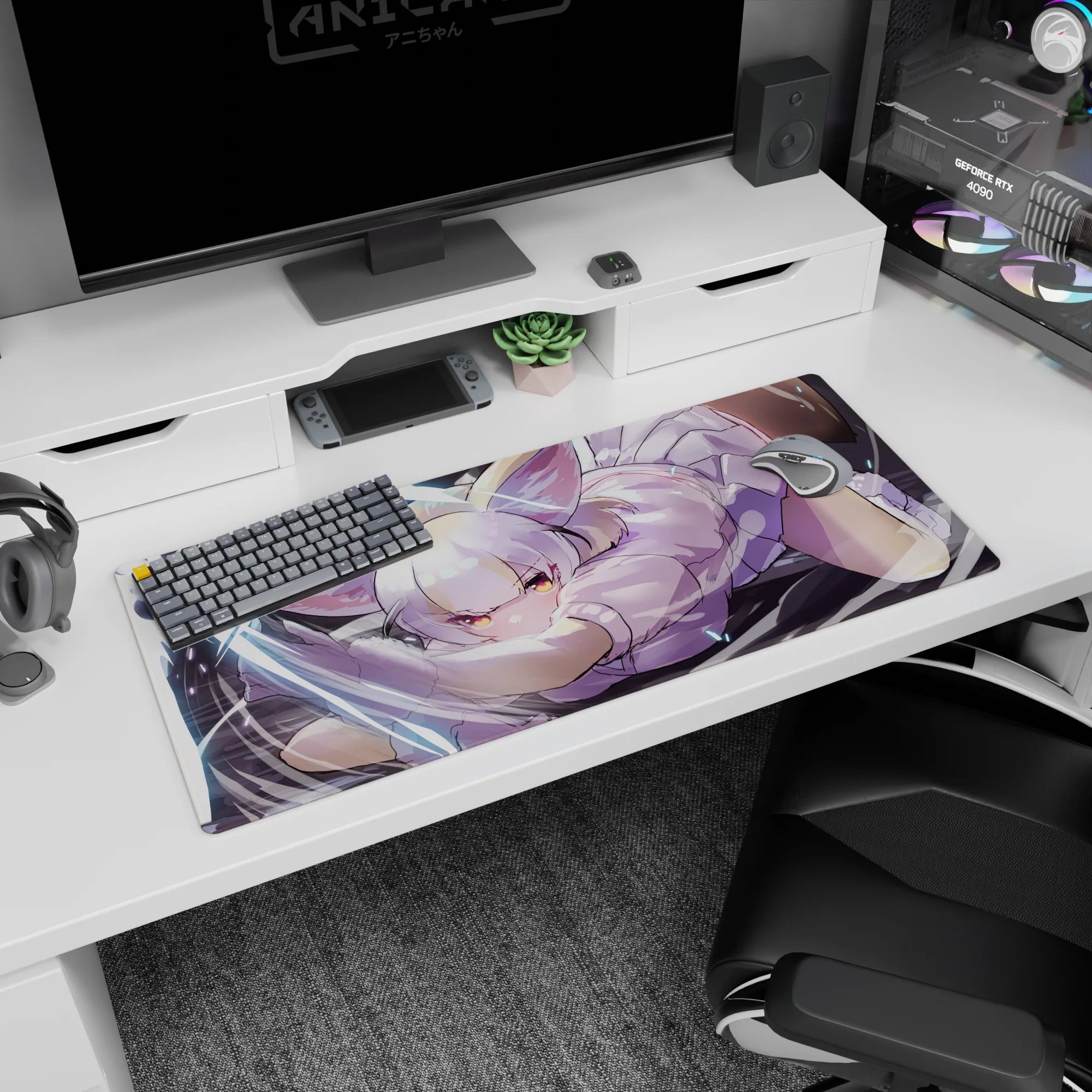 Silver-haired catgirl pouncing with paws out and amber eyes, swirly slash accents desk pad 36x16 inches.