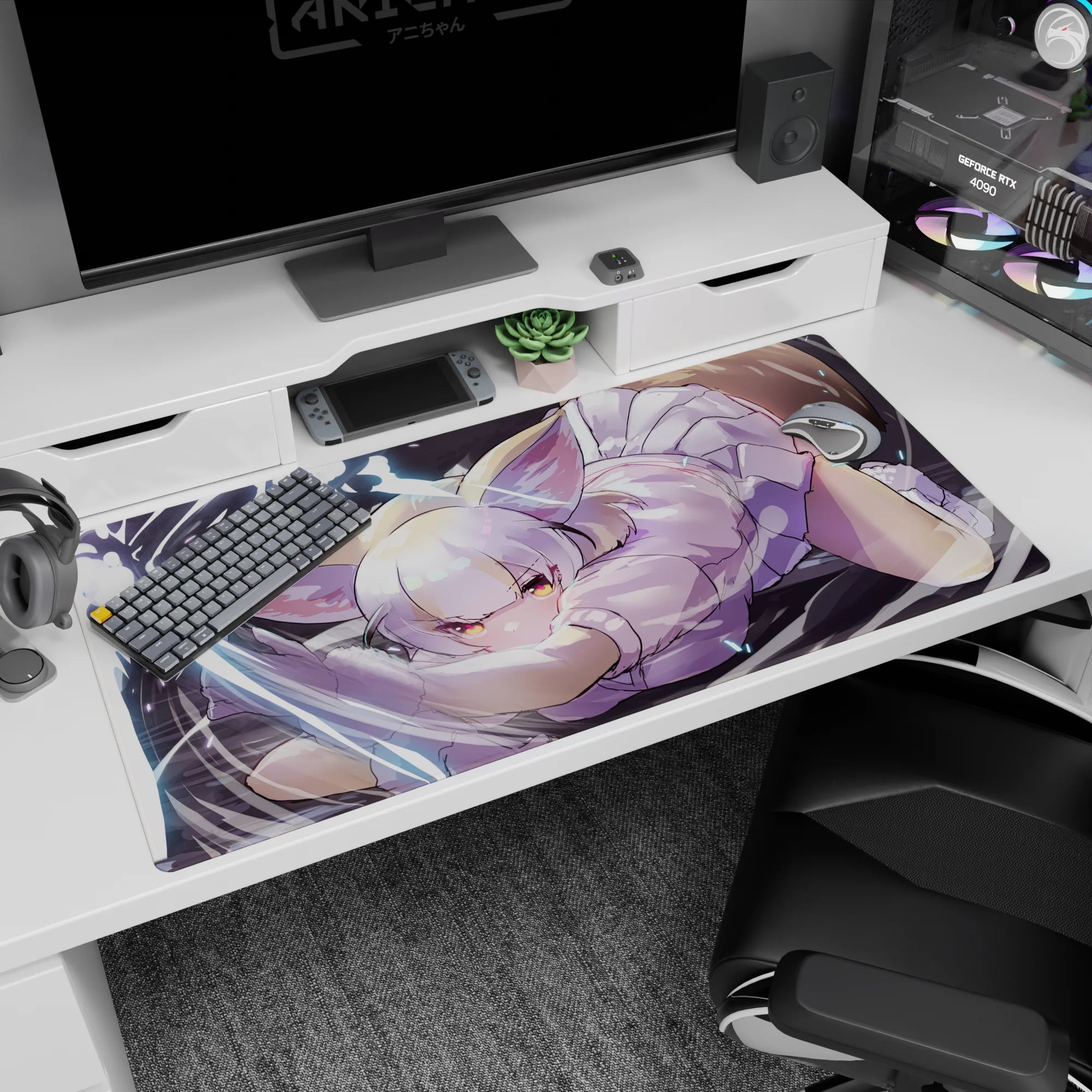 Silver-haired catgirl in lilac outfit pouncing with paws out on 40x20 inches anime desk pad.