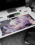 Silver-haired catgirl in lilac outfit pouncing with paws out on 40x20 inches anime desk pad.