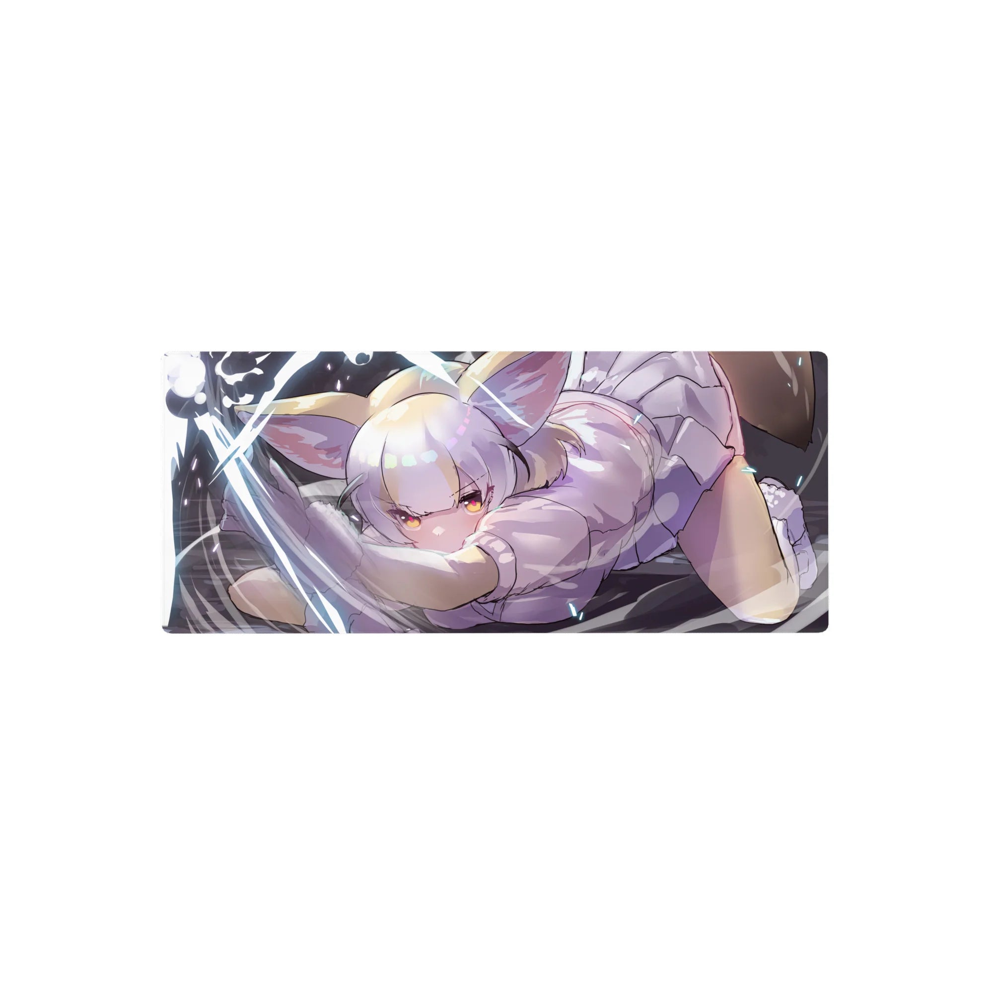 28x12 inches anime girl mouse pad with silver-haired catgirl, lilac outfit, glowing amber eyes on dark.