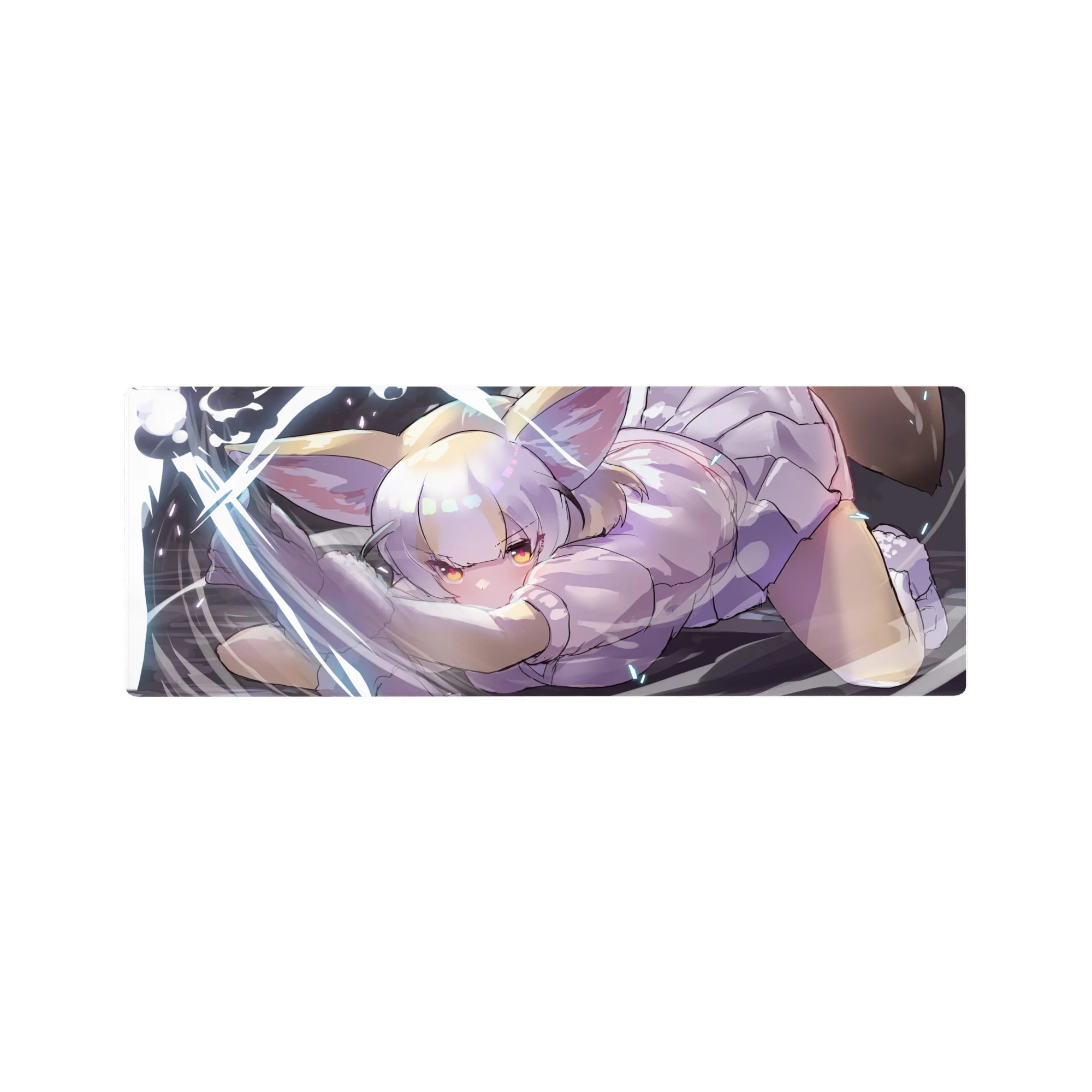 Anime girl mouse pad 32x12 inches with silver-haired catgirl, lilac outfit, fluffy ears, dark backdrop.
