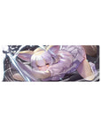 Anime girl mouse pad 32x12 inches with silver-haired catgirl, lilac outfit, fluffy ears, dark backdrop.