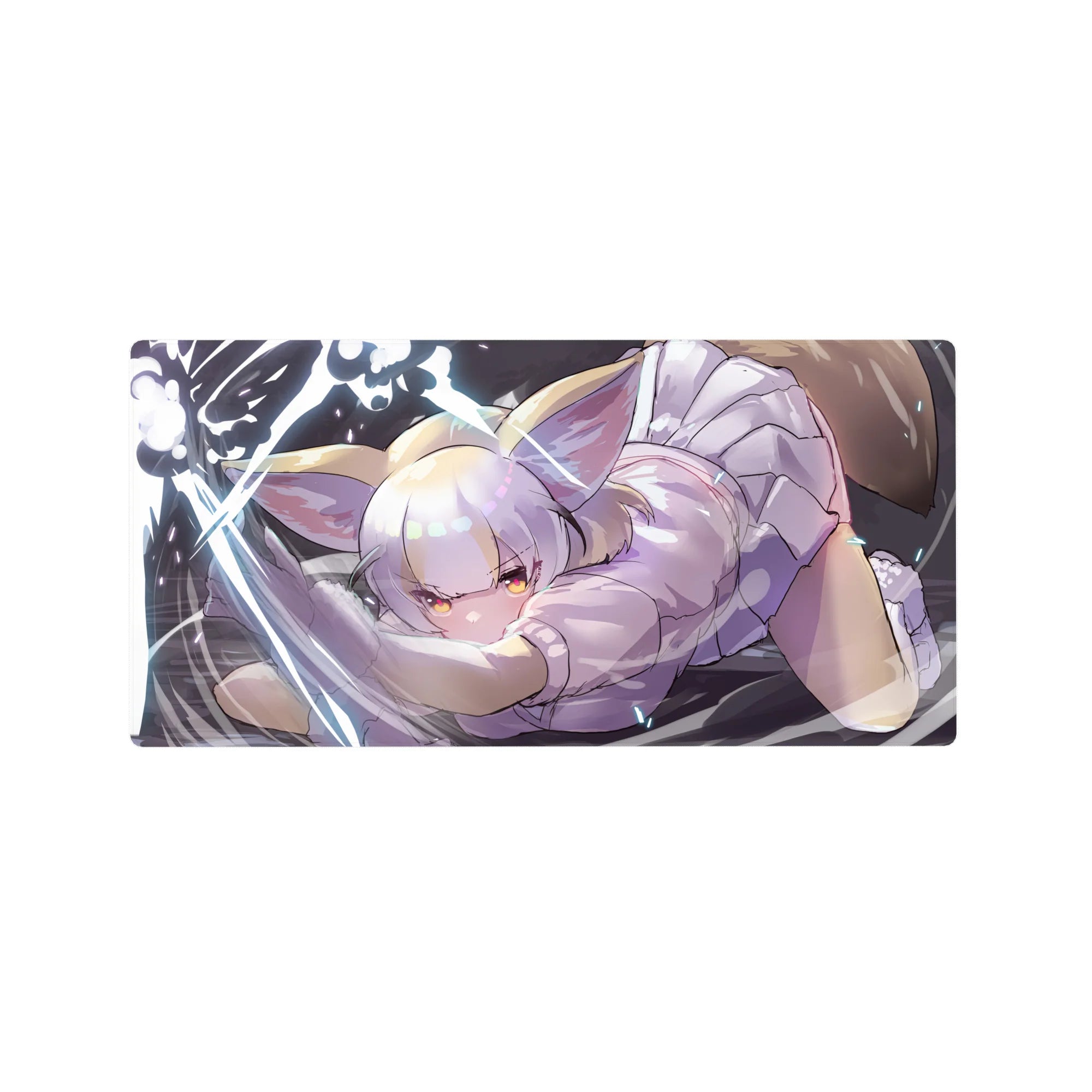 32x16 inches anime girl mouse pad with silver-haired catgirl pouncing on a dark background, pastel pop art.